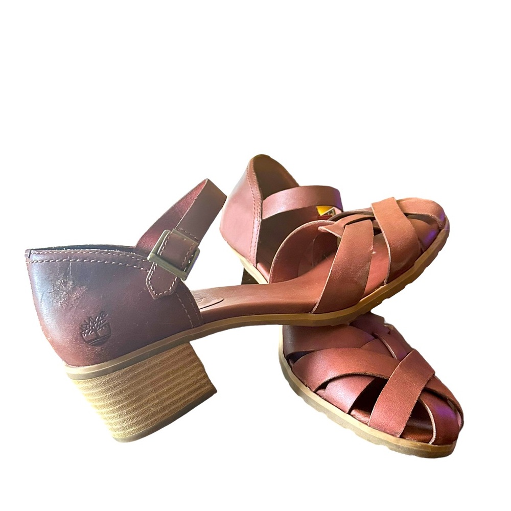 Timberland Red Leather Strappy Block Heel Sandals